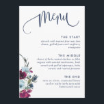 Berry, Burgundy and Blue Floral, Elegant Wedding Menu<br><div class="desc">Elegant wedding (or any other event) Menu with exquisite watercolor floral detail and modern hand written calligraphy element. Ability to add your own menu, name(s), date and event. Also choice to add on the back your names or, add guest name so Menu can also serve as a place card. Flowers...</div>
