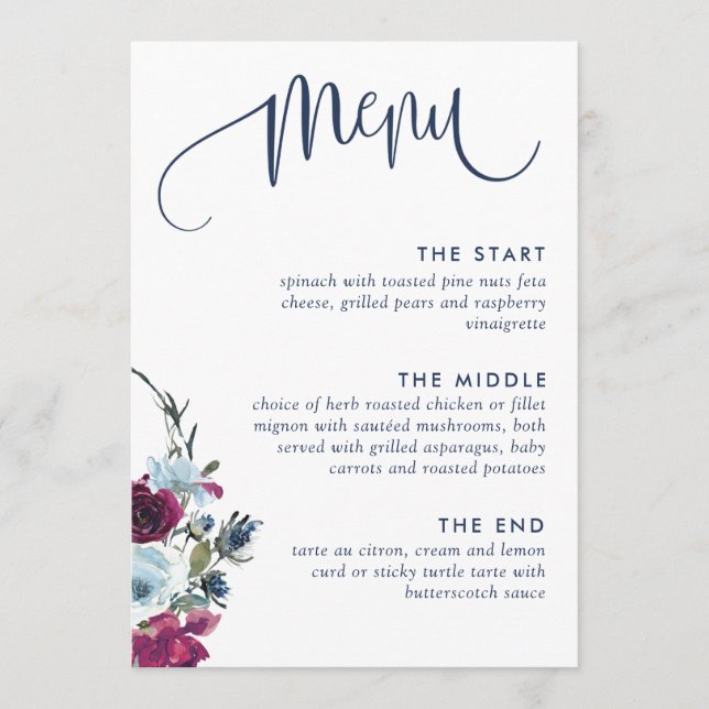 Berry, Burgundy and Blue Floral, Elegant Wedding Menu (Front)