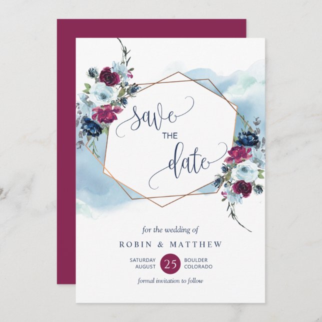 Berry, Burgundy and Blue Floral, Elegant Wedding  Save The Date (Front/Back)