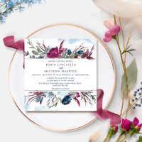 Berry Burgundy and Blue Floral Square Wedding Inv