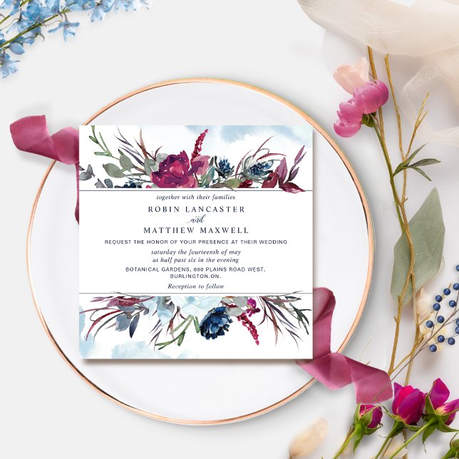 Berry Burgundy and Blue Floral  Square Wedding Inv Invitation (Creator Uploaded)