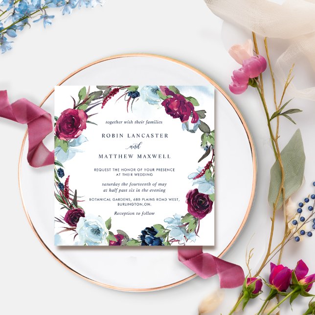 Berry Burgundy and Blue Floral Wreath Wedding Invitation (Creator Uploaded)