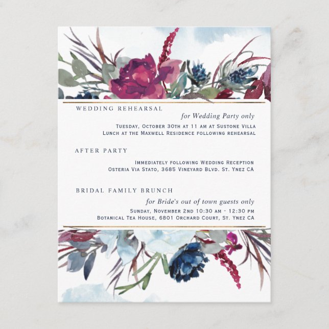 Berry Burgundy  Blue Floral Wedding Details Enclosure Card (Front)