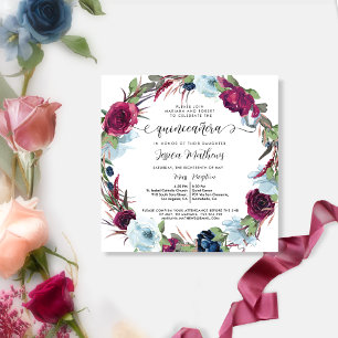 Berry, Burgundy, Red, Blue Wreath Quinceañera Invitation