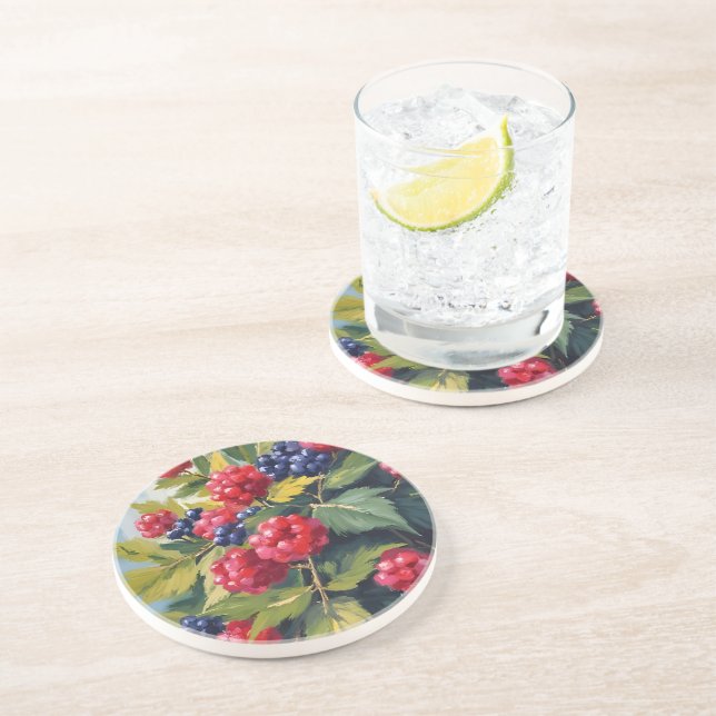 Berry Bush Raspberry Blackberries Watercolor Fruit Coaster (Side)
