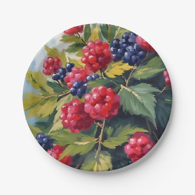Berry Bush Raspberry Blackberries Watercolor Fruit Paper Plate (Front)
