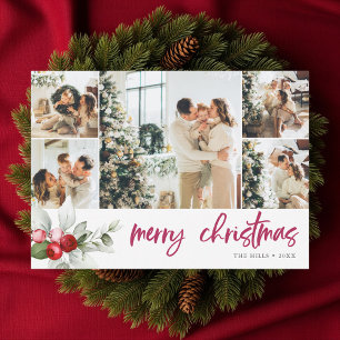 Berry Calligraphy Merry Christmas 7 Photo Holiday Card