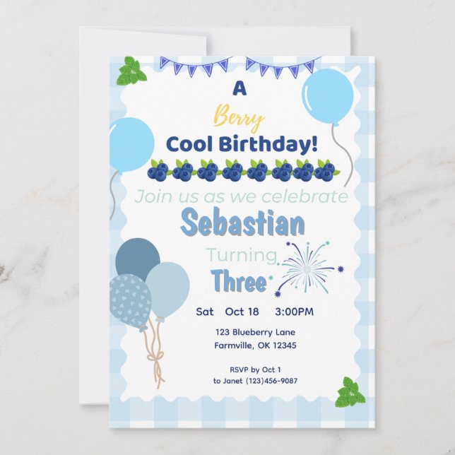 Berry Cool Birthday- Blueberry Birthday Invitation (Front)