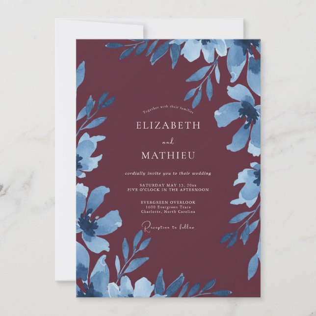 Berry Cornflower Leaf Wedding Invitation (Front)
