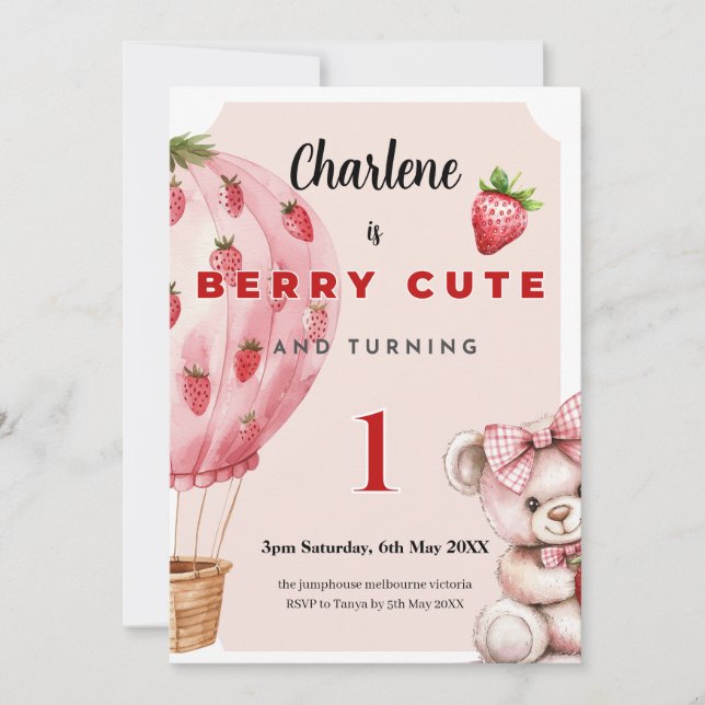 Berry Cute First Birthday Invitation • Strawberry  (Front)