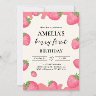 Berry Cute Girl Strawberry 1st Birthday Invitation