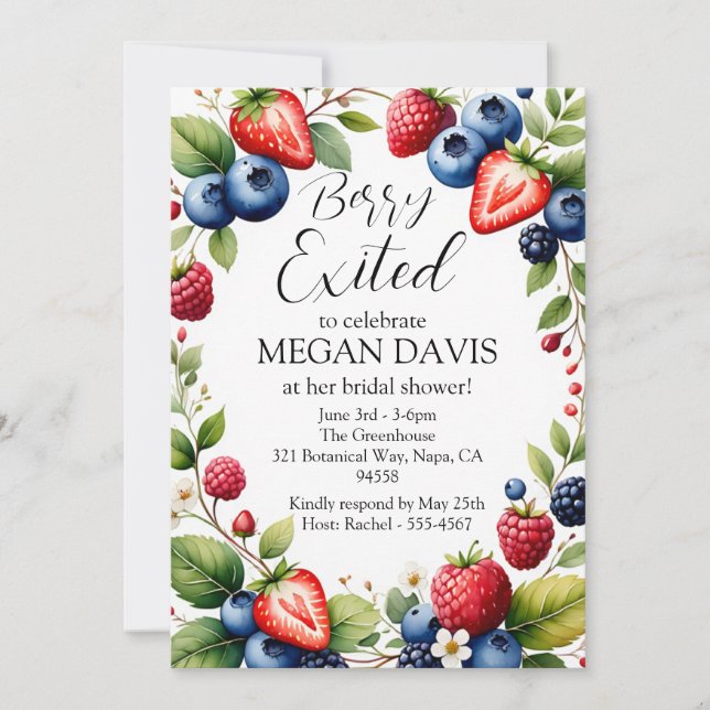 Berry Exited Watercolor Strawberry Bridal Shower Invitation (Front)