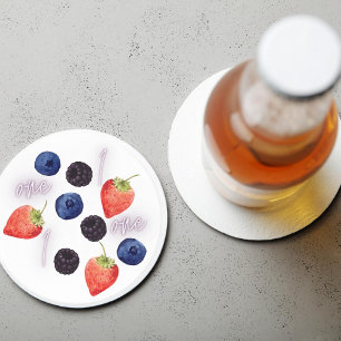 Berry First   1st Birthday   Mixed Berry   Pattern Round Paper Coaster