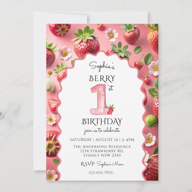 Berry First 1st Birthday Modern Invitation (Front)