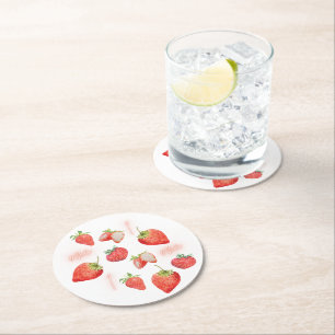 Berry First 1st Birthday Strawberry Pattern Round Paper Coaster