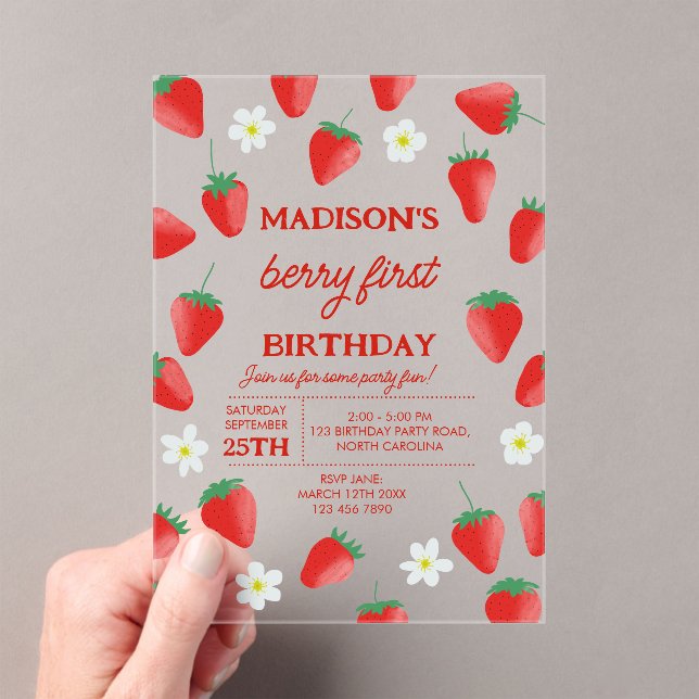 Berry First 1st Birthday Strawberry Turning One Acrylic Invitations (Insitu (Handheld))