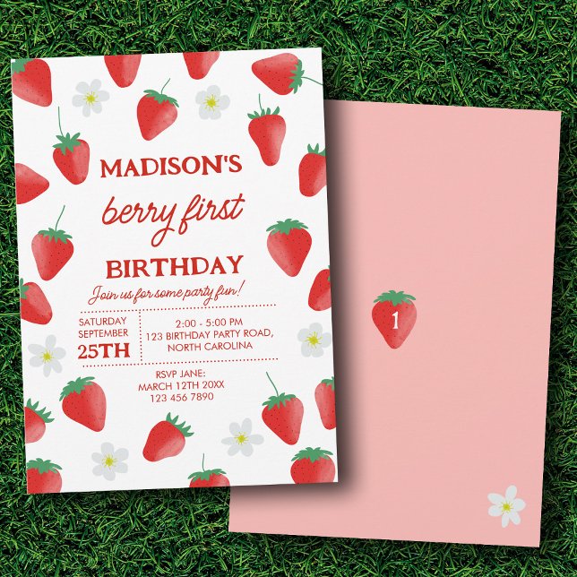 Berry First 1st Birthday Strawberry Turning One Invitation (Berry First 1st Birthday Strawberry Turning One Invitation)