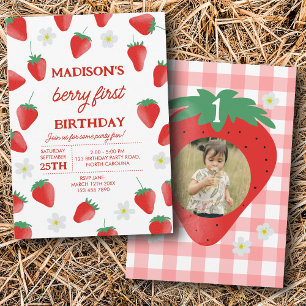 Berry First 1st One Birthday Strawberry Photo Invitation