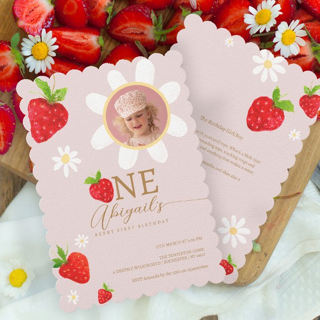 Berry First 1st Strawberry Birthday Photo Invitation (Creator Uploaded)