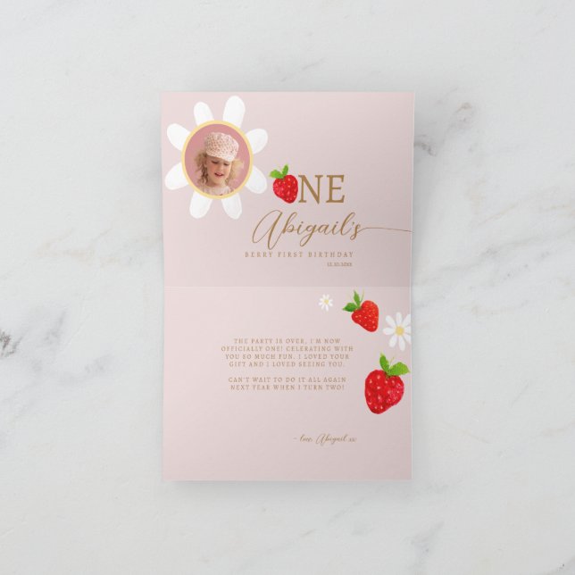 Berry First 1st Strawberry Birthday Photo Thank You Card (Inside)
