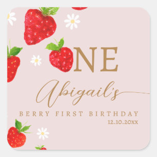Berry First 1st Strawberry Birthday Square Sticker