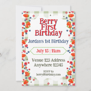 Berry First, Berries & Green Plaid 1st Birthday Invitation