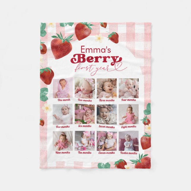 Berry First Birthday 12 Months Baby Photo  Fleece Blanket (Front)