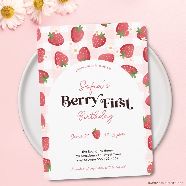 Berry First Birthday 1st Birthday Invitation (Invite shown in 5 x 7 inches size with rounded corners. Personalize size, paper and, corner style)