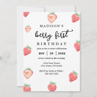 Berry First Birthday 1st Birthday Pink Strawberry Invitation