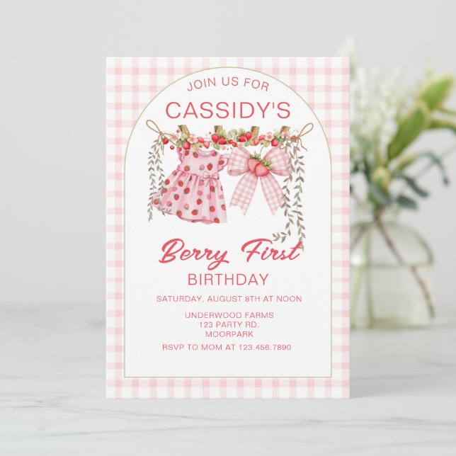 Berry First Birthday, 1st Birthday, Strawberry  Invitation (Standing Front)
