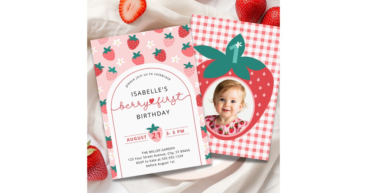 Berry First Birthday 1st Birthday Strawberry Photo Invitation | Zazzle