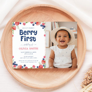 Berry First Birthday Baby Photo 1st Birthday Invitation