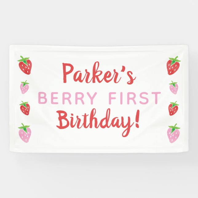 Berry First Birthday Banner Red Pink Strawberry (Horizontal)