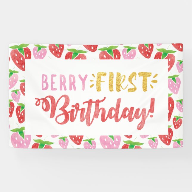 Berry First Birthday Banner Red Pink Strawberry (Horizontal)
