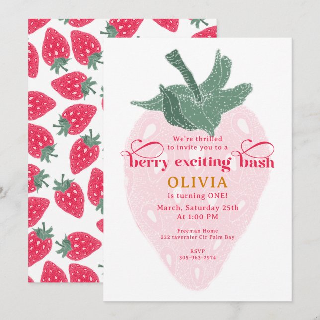 Berry First Birthday Bash - Strawberry Invitation (Front/Back)