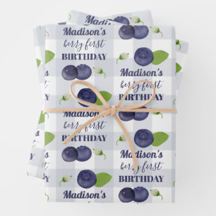 Berry First Birthday Blueberries First 1st Name Wrapping Paper Sheet