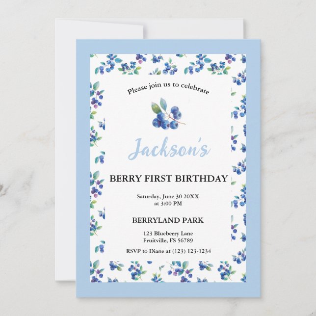 Berry First Birthday Blueberry Gingham Invite (Front)