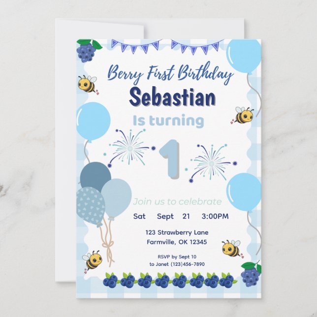 Berry First Birthday- Blueberry Invitation Boys (Front)