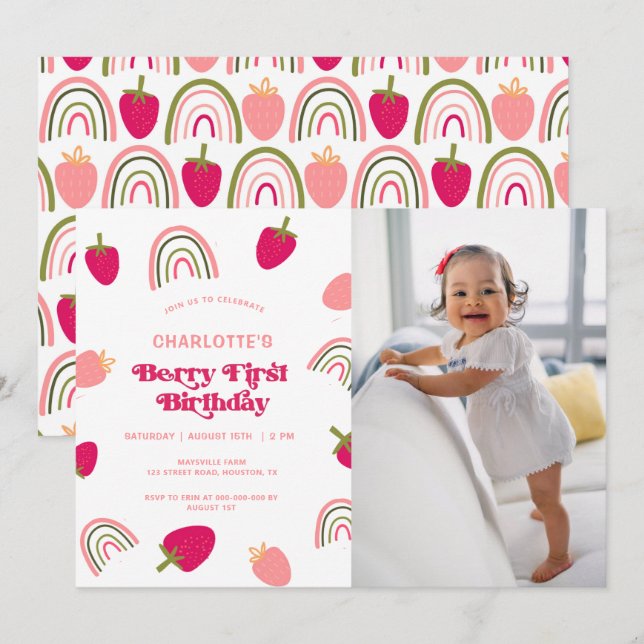 Berry First Birthday Boho Rainbow Photo  Invitatio Invitation (Front/Back)