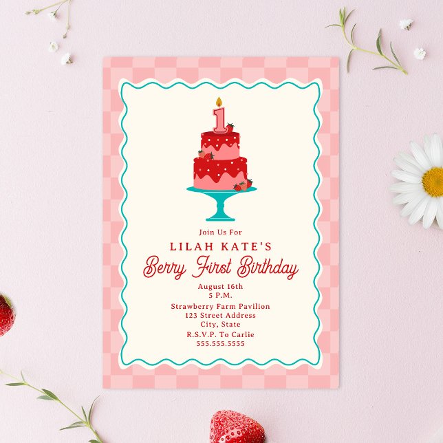 Berry First Birthday Chequerboard Strawberry Cake Invitation (Creator Uploaded)
