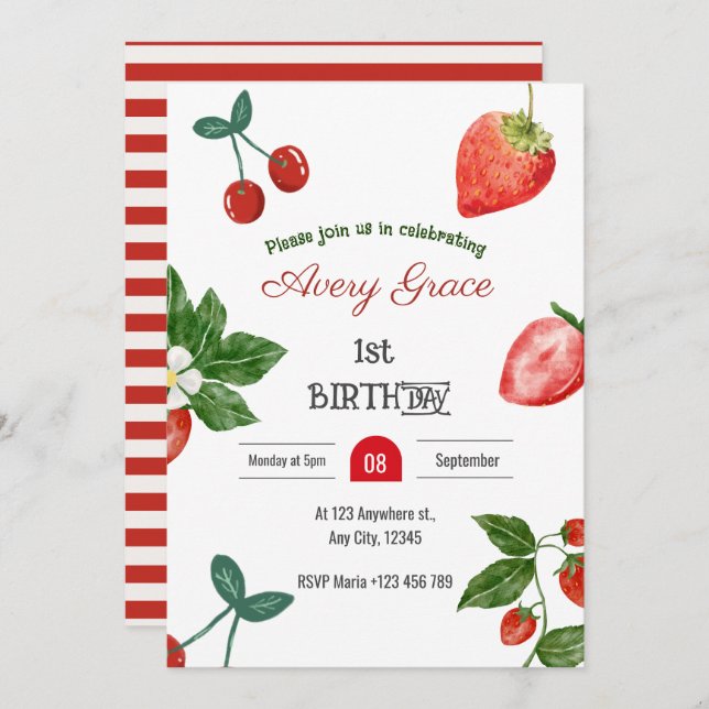 Berry First Birthday Cute Berries & Strawberries Invitation (Front/Back)