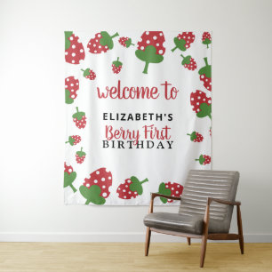 Berry First Birthday Cute Strawberry Backdrop Tapestry