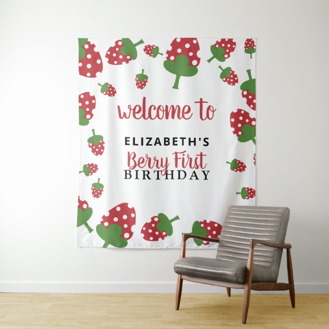 Berry First Birthday Cute Strawberry Backdrop Tapestry (In Situ)