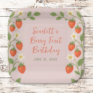 Berry First Birthday Cute Strawberry Floral Pink Paper Plate