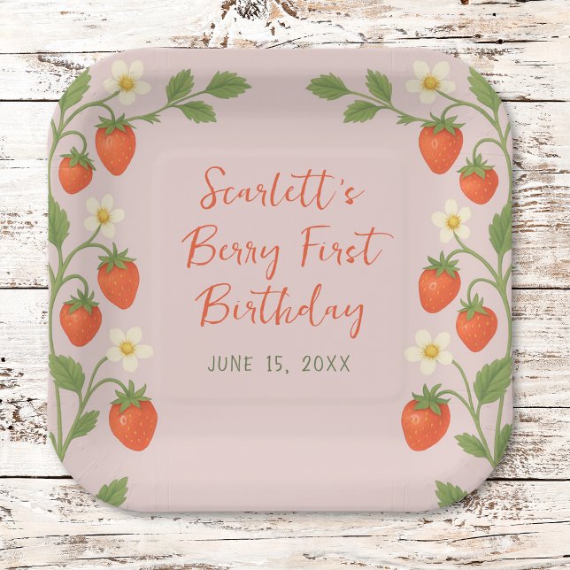 Berry First Birthday Cute Strawberry Floral Pink Paper Plate (Creator Uploaded)