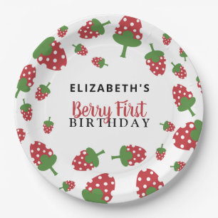 Berry First Birthday Cute Strawberry Girl Custom Paper Plate