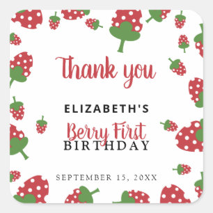 Berry First Birthday Cute Strawberry Girl Custom  Square Sticker