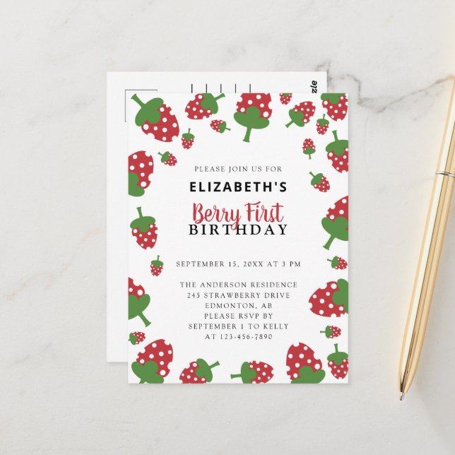 Berry First Birthday Cute Strawberry Kawaii Girl  Postcard (Front/Back In Situ)