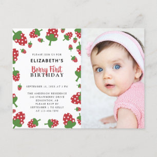 Berry First Birthday Cute Strawberry Photo Invitat Postcard