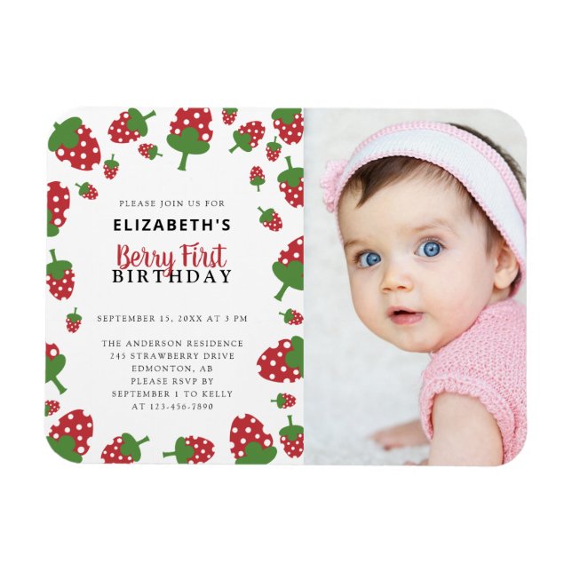 Berry First Birthday Cute Strawberry Photo  Magnet (Horizontal)